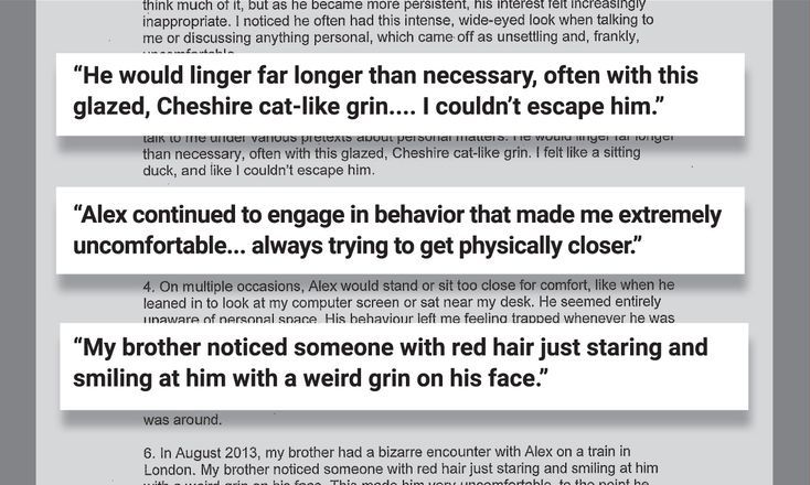 In a statement, a young female staff member at the London Church recounts her harrowing experiences as a stalking victim targeted by Alex Barnes-Ross.