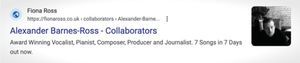 The Google search result for Alexander Barnes-Ross’ “collaborator” page on Fiona Ross’ website yielded an error “Something has gone wrong” signaling the page’s removal. (Note: The “vocalist, pianist, composer, producer and journalist” described is Fiona Ross, not Alex.)
