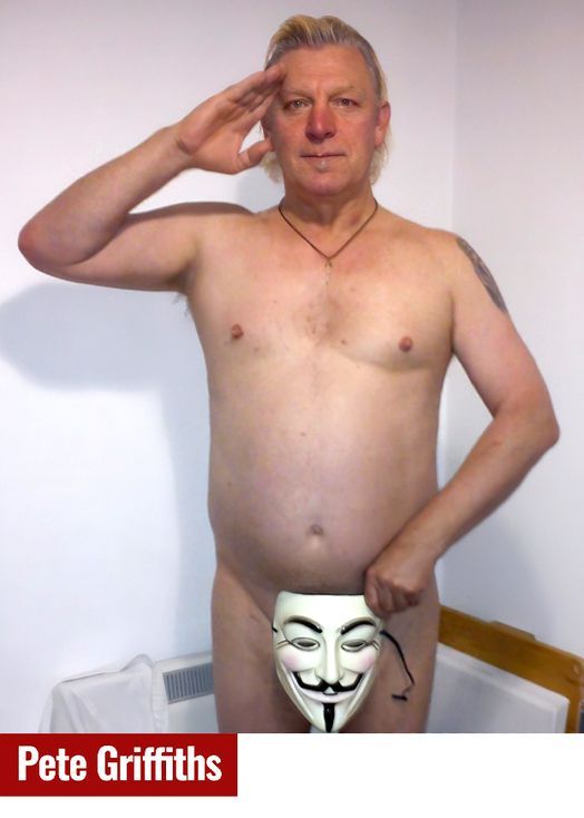 Barnes-Ross cohort Pete Griffiths posted this photo of himself with the mask commonly used by members of the Anonymous hate collective.